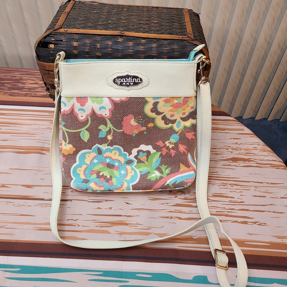 Spartina Daufuskie Island Floral Leather Linen Crossbody Handbag Purse